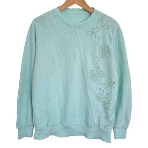 Vintage Mint Green Scalloped Neckline Sweater with Metallic Gold Embroidery